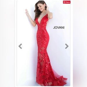 Jovani 60283 - Red Plunging Neckline Embellished Dress